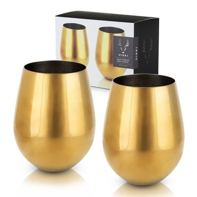 Viski Gold Wine Glasses, Stemless Wine Glass Set, Stainless Steel with Gold Finish, 18 Ounces, Set of 2, Gold, Gold | Target