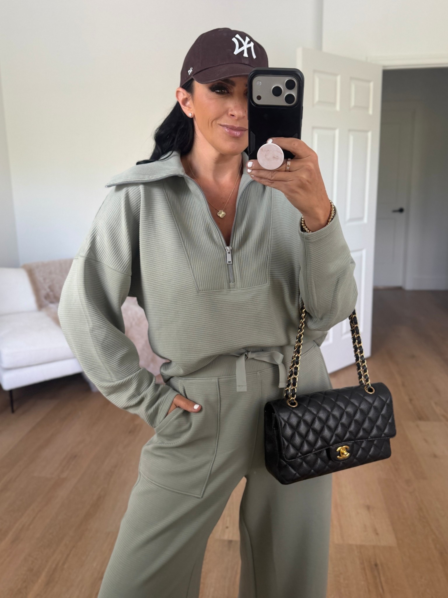 SPANX AirEssentials® French Rib Half Zip wearing size small. SPANX AirEssentials® French Rib Wide Leg Pant wearing size medium. 