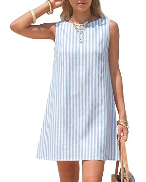 EXLURA Women Summer 100% Cotton Faux Linen Dresses Sleeveless Striped A-Line Mini Sundress Beach ... | Amazon (US)