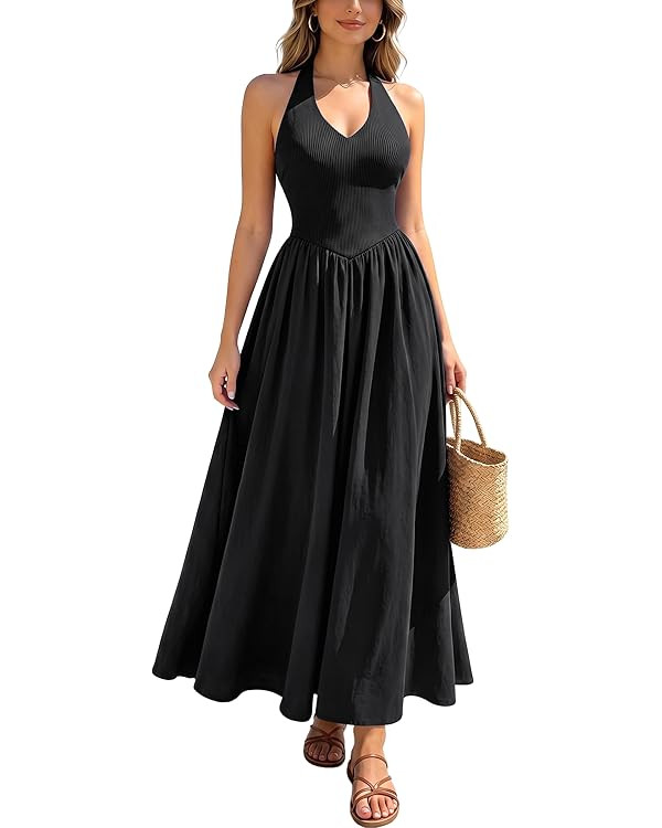 Miusol Women's Summer Halter Midi Dress 2026 Casual Sleeveless Backless Flowy Wedding Vacation A-... | Amazon (US)