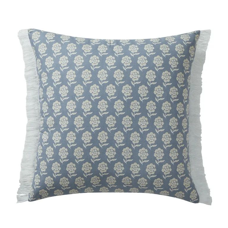 My Texas House 22" x 22" Ivory/Blue Meera Floral Fringe Cotton Decorative Pillow - Walmart.com | Walmart (US)