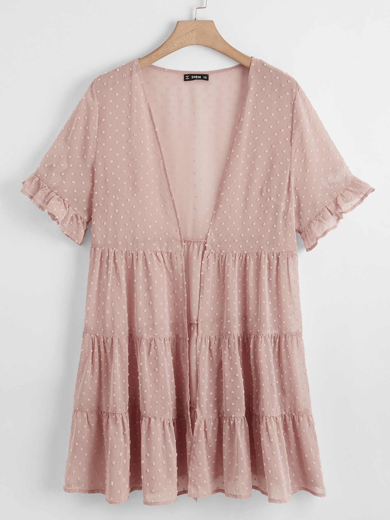SHEIN Plus Ruffle Cuff Tiered Detail Swiss Dot Chiffon Kimono | SHEIN