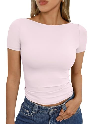 Trendy Queen Womens Boat Neck Tops Short Sleeve T-Shirts Slim Fitted Compression Summer Y2k Basic Clothes 2025 LightPink M | Amazon (US)