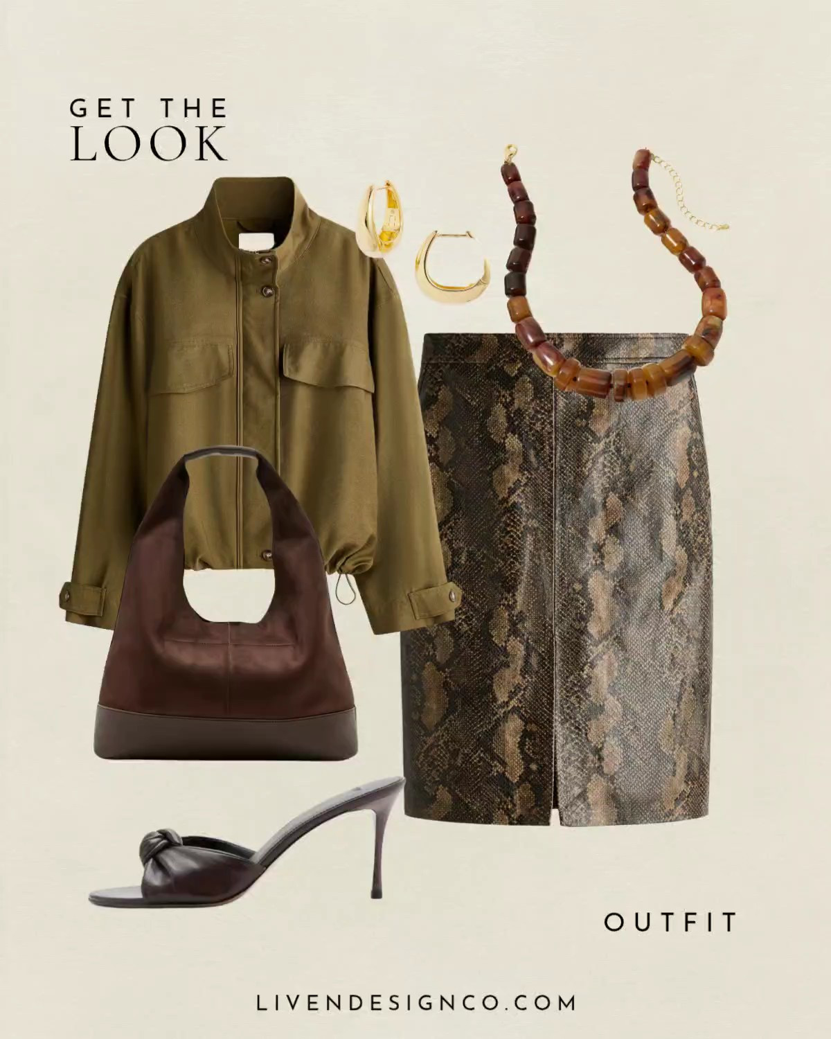 Animal print outfit. Snakeskin skirt. Python skirt. Army green jacket. Funnel neck. Cropped jacket. Brown beaded necklace. Suede handbag. Brown heels. Gold hoop earrings. 

#LTKSeasonal #LTKSaleAlert