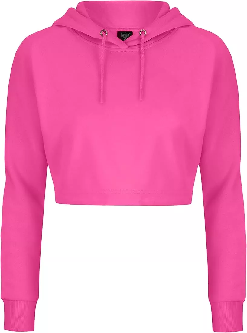 URBAN BUCK Womens Neon Pink Cropped Hoodie Casual Long Sleeve Crop