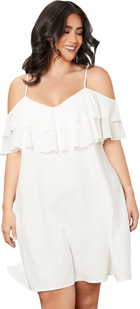 WDIRARA Women's Plus Size Cold Shoulder Ruffle Trim Short Sleeve Spaghetti Strap Dress | Amazon (US)