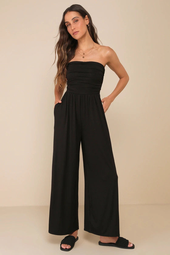 Flirty Posture Black Jersey Knit Strapless Jumpsuit | Lulus