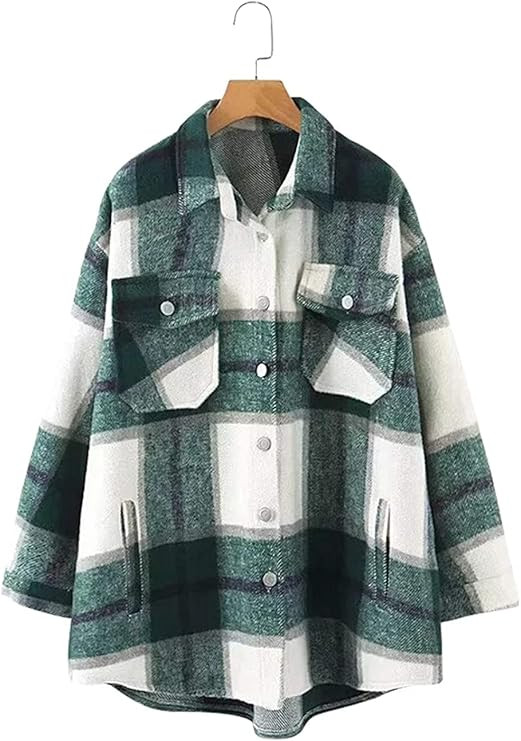 LIUHUAF Womens Wool Blend Plaid Lapel Button Short Pocketed Shacket Shirts Coats | Amazon (CA)