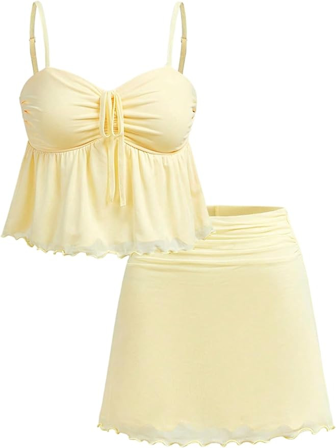Verdusa Girl's 2 Piece Beach Summer Outfits Bow Tie Ruffle Camisole Tops with Skirt Clothing Set | Amazon (US)