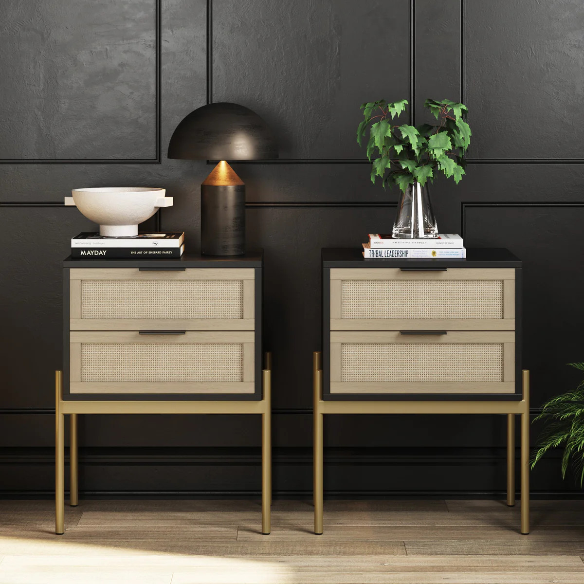 Wood & Rattan Nightstands Black (Set of 2) | Nathan James
