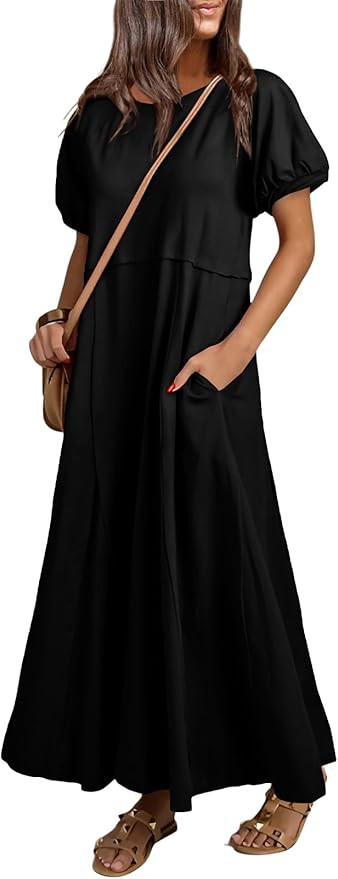 Acelitt Women Casual Trendy Summer Crewneck Puff Sleeve Midi Dress, S-XXL | Amazon (US)
