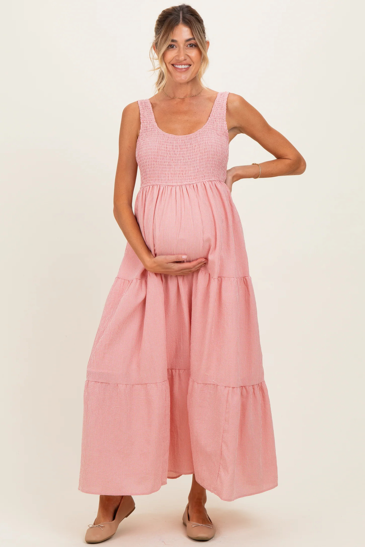 Pink Gingham Smocked Bodice Maternity Maxi Dress | PinkBlush Maternity