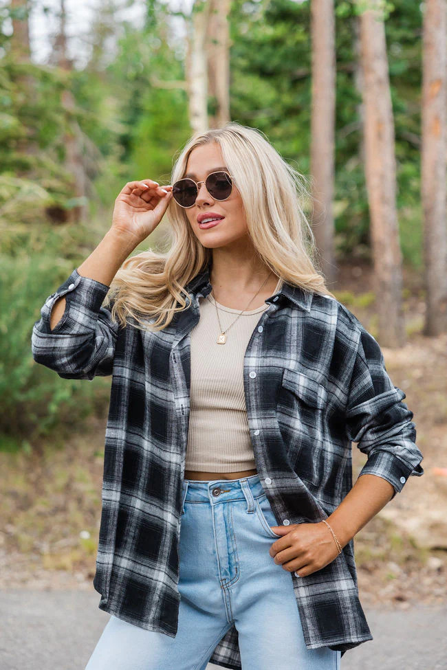 Made Me Realize Black And Ivory Plaid Oversized Button Front Shirt FINAL SALE | Pink Lily