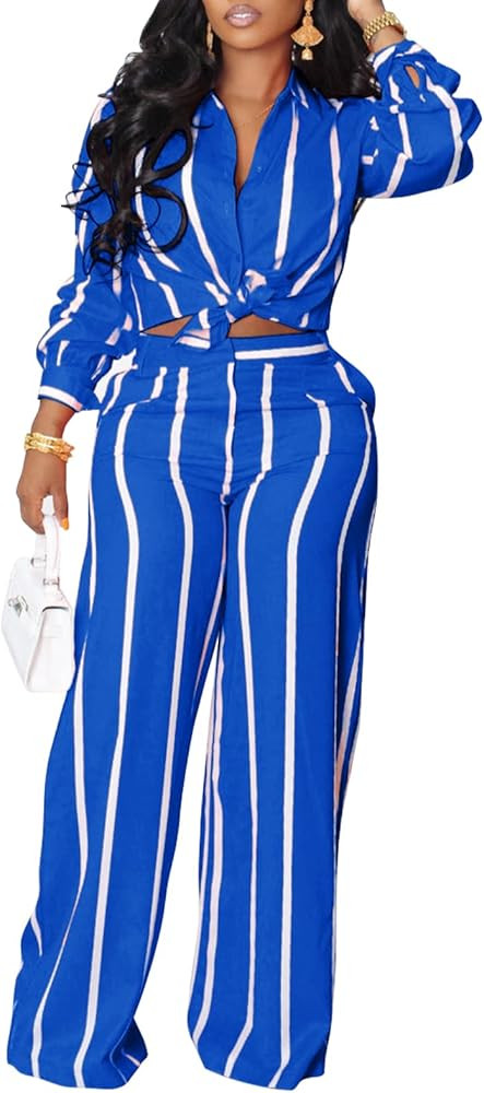 Elainone 2 Piece Outfits for Women Stripe Long Sleeve Button Down Shirt Wide Leg Pants with Pocke... | Amazon (US)