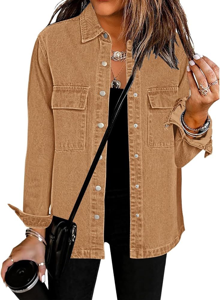 luvamia 2023 Jean Jackets for Women Fashion Oversized Button Down Denim Jacket Western Fall Shack... | Amazon (US)