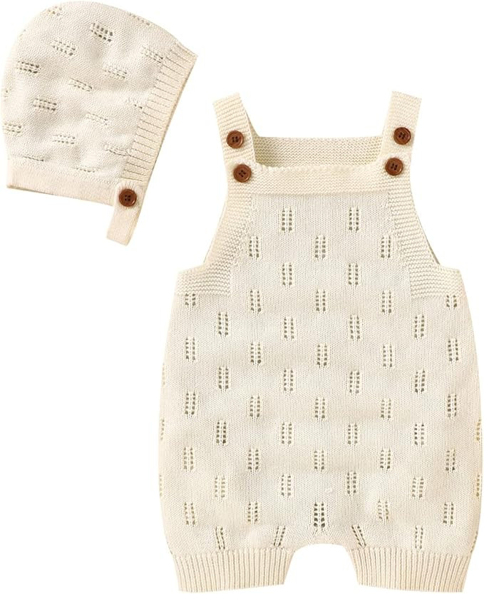 LAWKUL Baby Knit Romper Sleeveless 100% Cotton Jumpsuit with Hat Newborn Outfits Overall Bodysuit... | Amazon (US)