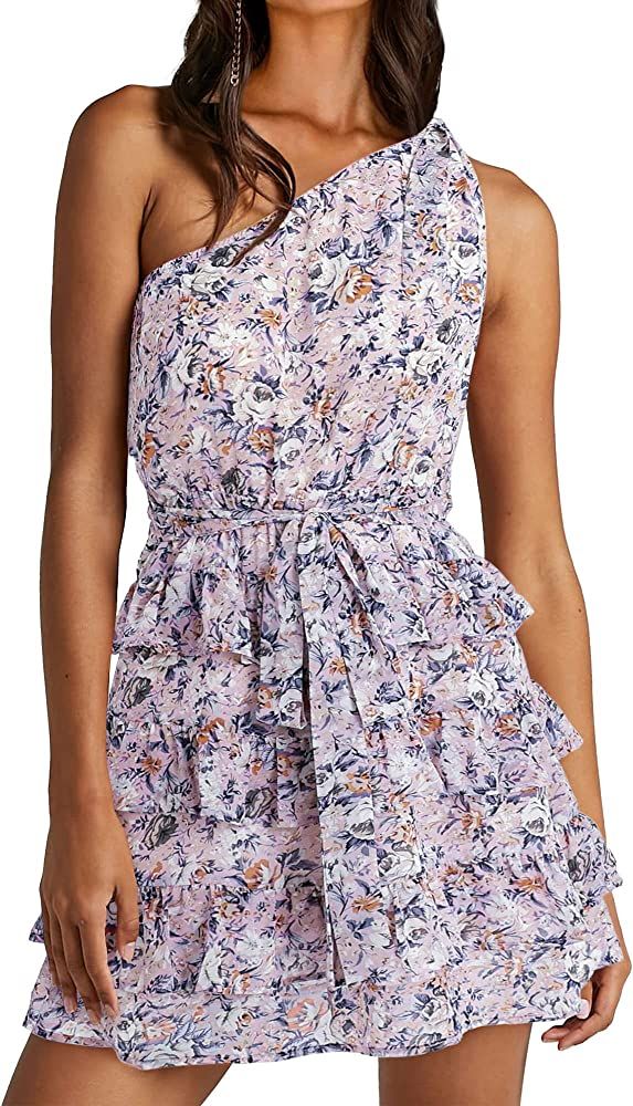 BTFBM 2023 Women One Shoulder Casual Summer Dresses Floral Boho High Waist Beach Ruffle Tiered A ... | Amazon (US)