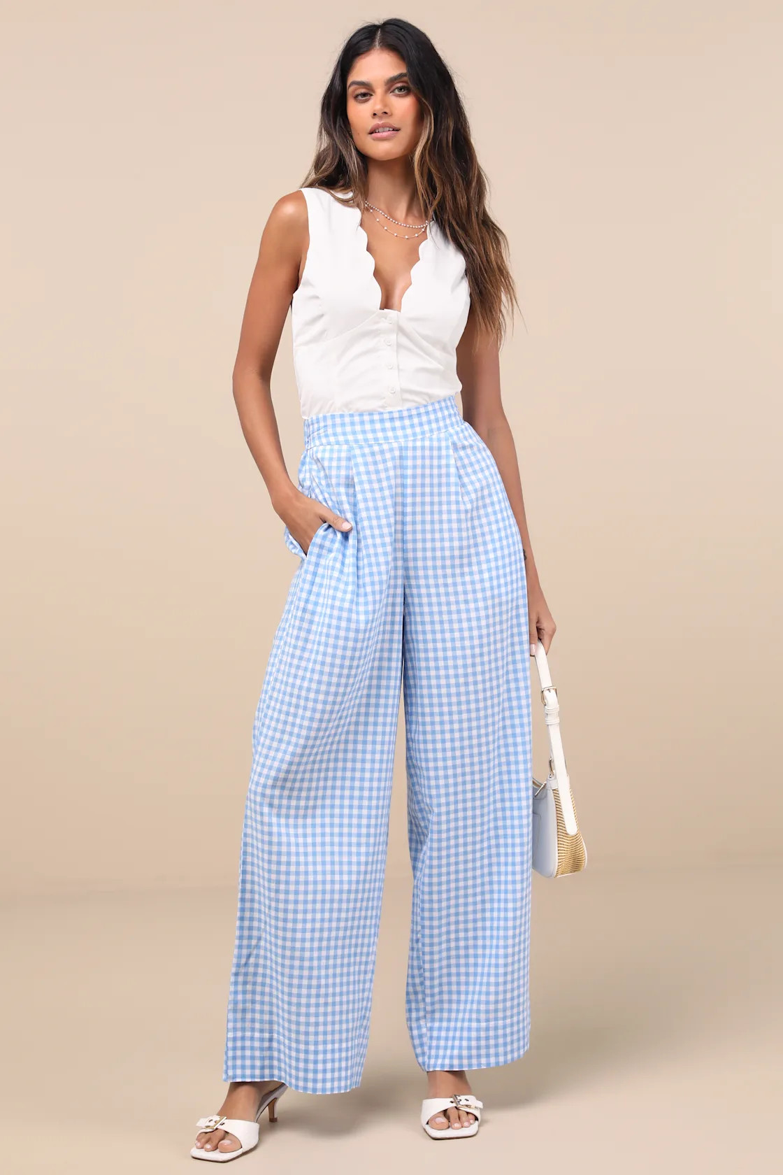 Delphine Blue and White Gingham Wide-Leg Pants | Lulus