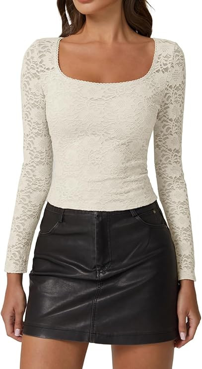 QINSEN Chic Floral Lace Crop Tops for Women Slimming Fit Long Sleeve Square Neck Going Out Basic ... | Amazon (US)