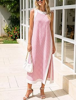 Hooever Women's Plaid Two Piece Sets Casual Summer Sleeveless Gingham Maxi Dress Matching Shorts | Amazon (US)