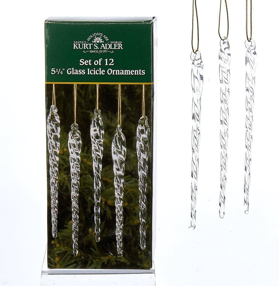 Kurt Adler 5-1/4-Inch Glass Icicle Ornament 12-Piece Box Set, Clear, 1 Pack | Amazon (US)