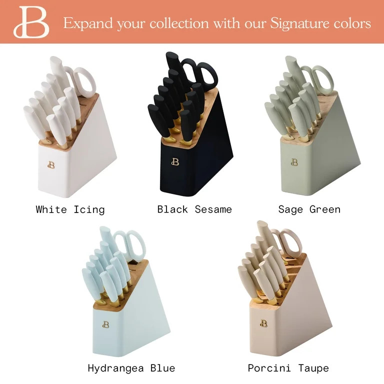 Beautiful 12 Piece Stainless Steel Knife Set Block Soft Grip Handles Black Sesame by Drew Barrymo... | Walmart (US)
