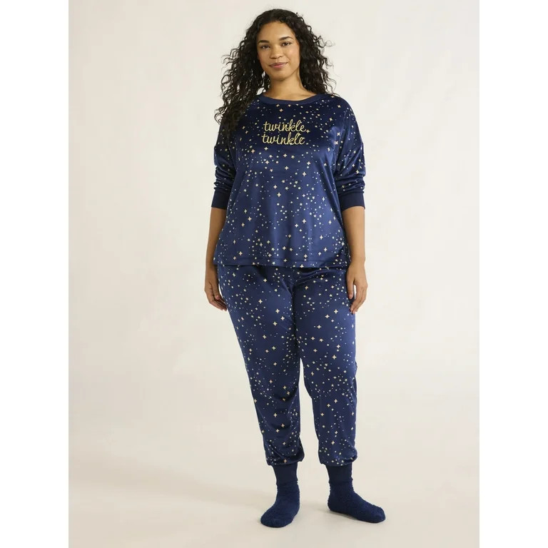 Joyspun Women's Stretch Velour Pajama Set with Socks, 3-Piece, Sizes XS-3X | Walmart (US)