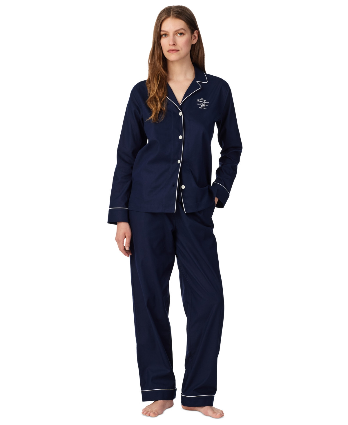 Lauren Ralph Lauren Women's Long-Sleeve Notch-Collar Cotton Pajama Set - Blue | Macy's