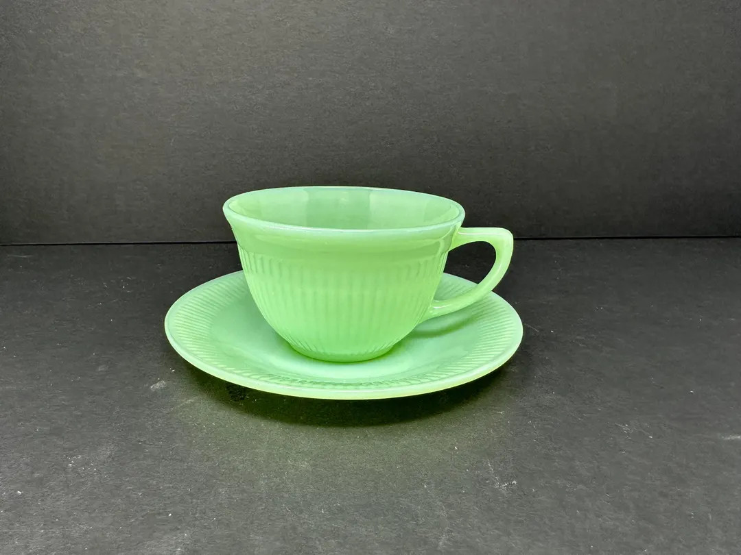 Vintage Fire-king Jadeite Jane Ray Cup and Saucer Set Ribbed Green Milk Glass - Etsy | Etsy (US)