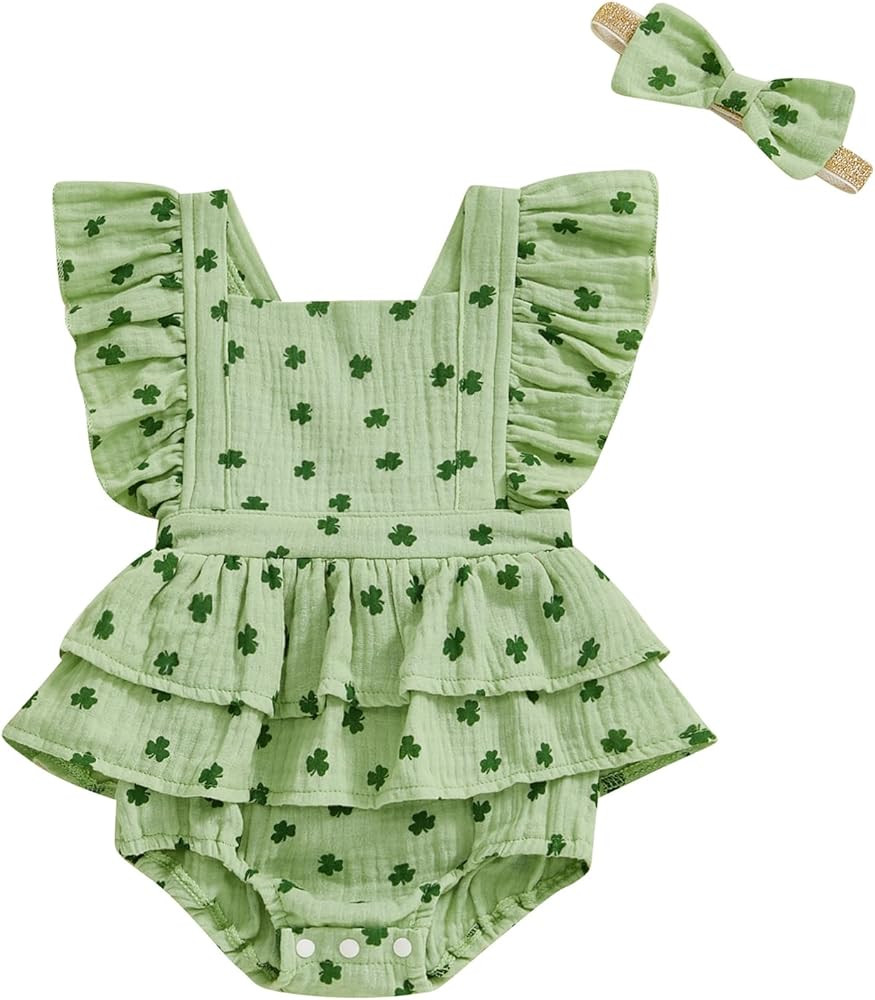 St Patricks Day Baby Girl Outfit Long Sleeve Bubble Romper Shamrock Print Cotton Linen Bodysuit | Amazon (US)