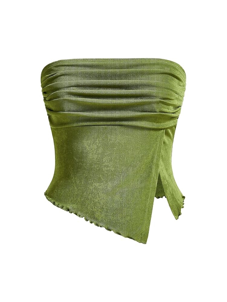 Milumia Women Mesh Tube Tops Split Hem Going Out Strapless Bandeau Tops Ruched Tank Shirts | Amazon (US)