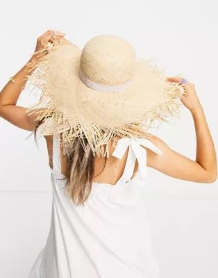 ASOS DESIGN straw raw edge floppy hat with size adjuster in natural | ASOS (Global)