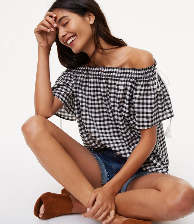 Petite Gingham Side Tie Off The Shoulder Top | LOFT