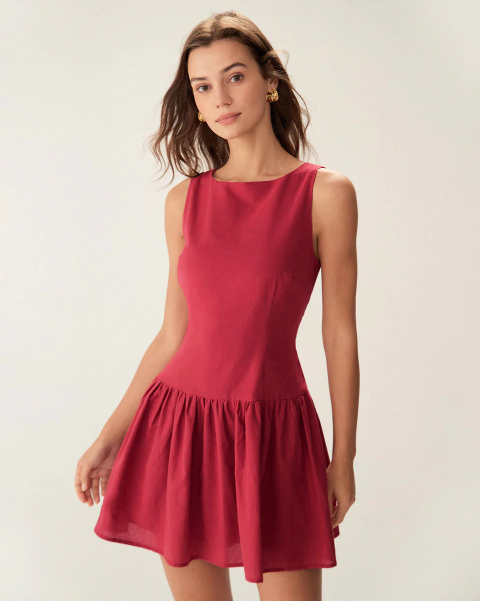 Red Boat Neck Sleeveless Mini Dress | rihoas.com
