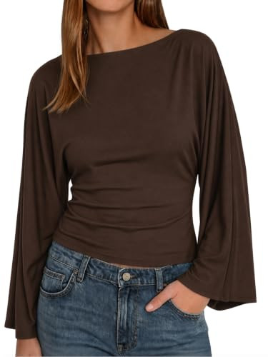 Cicy Bell Women Bell Long Sleeve Wrap Tops Tie Back Boat Neck T Shirt | Amazon (US)