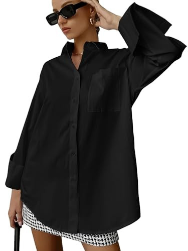 QIANZHIDU Women's Oversize Collar Button Down Long Sleeve Work Blouse Top Black Large | Amazon (US)