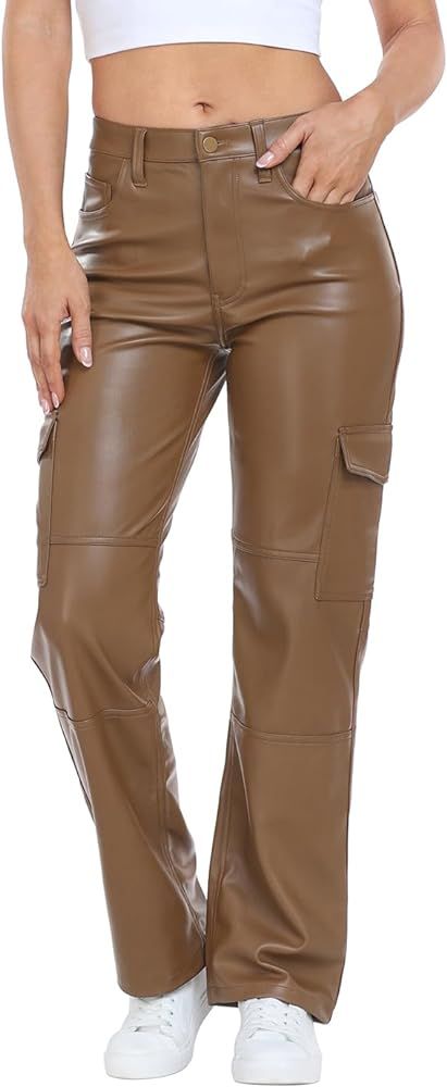 HDE Women's Faux Leather Cargo Pants with Pockets High Waisted Y2K Relaxed Pant | Amazon (US)