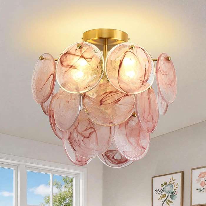 Vintage Ceiling Light Fixture , 13.78" Modern Semi Flush Mount Round Gold Ceiling Light with Red Glass Shade, Girl Boy Children’s room,Hallway Lighting for Bedroom, Bathroom, Dining Room 4-Lights G9 | Amazon (US)