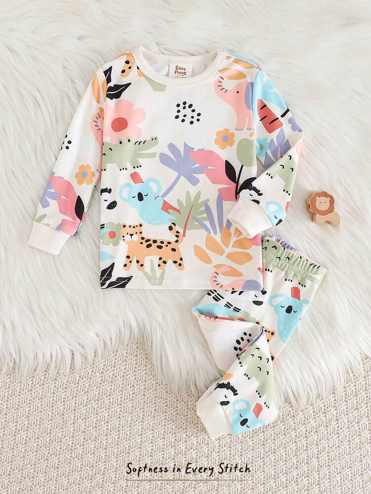 Cozy Pixies Baby Girl Cartoon Pattern Knit Soft Crew Neck Long Sleeve Top And Elastic Waist Long Pants Snug Fit 2-Piece Pajama Set Wildflower Baby Clothes Baby Girl Long Sleeve Set Two Piece Toddler Set Floral Print Baby | SHEIN