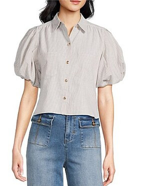 A Loves A Linen Stripe Point Collar Short Bubble Sleeve Button Front Shirt -  XS | Dillard's