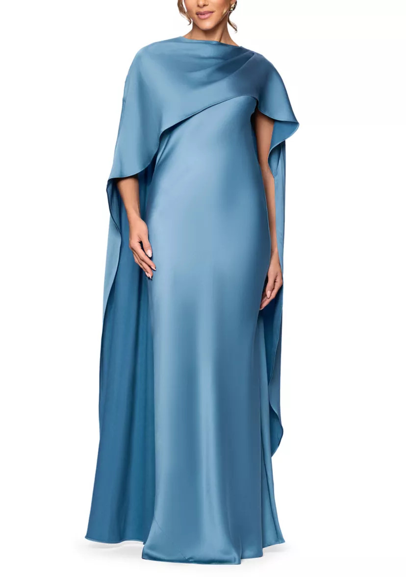 Women's Short Sleeve Satin Overlay Cape Gown | Belk