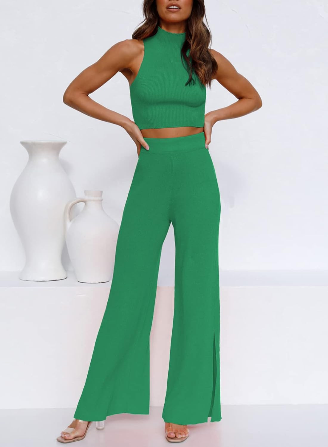 ARTFREE Womens 2 Piece Outfits Sets Casual Sweatsuits Streetwear, Ribbed Knit Palazzo Wide Leg Pa... | Amazon (US)