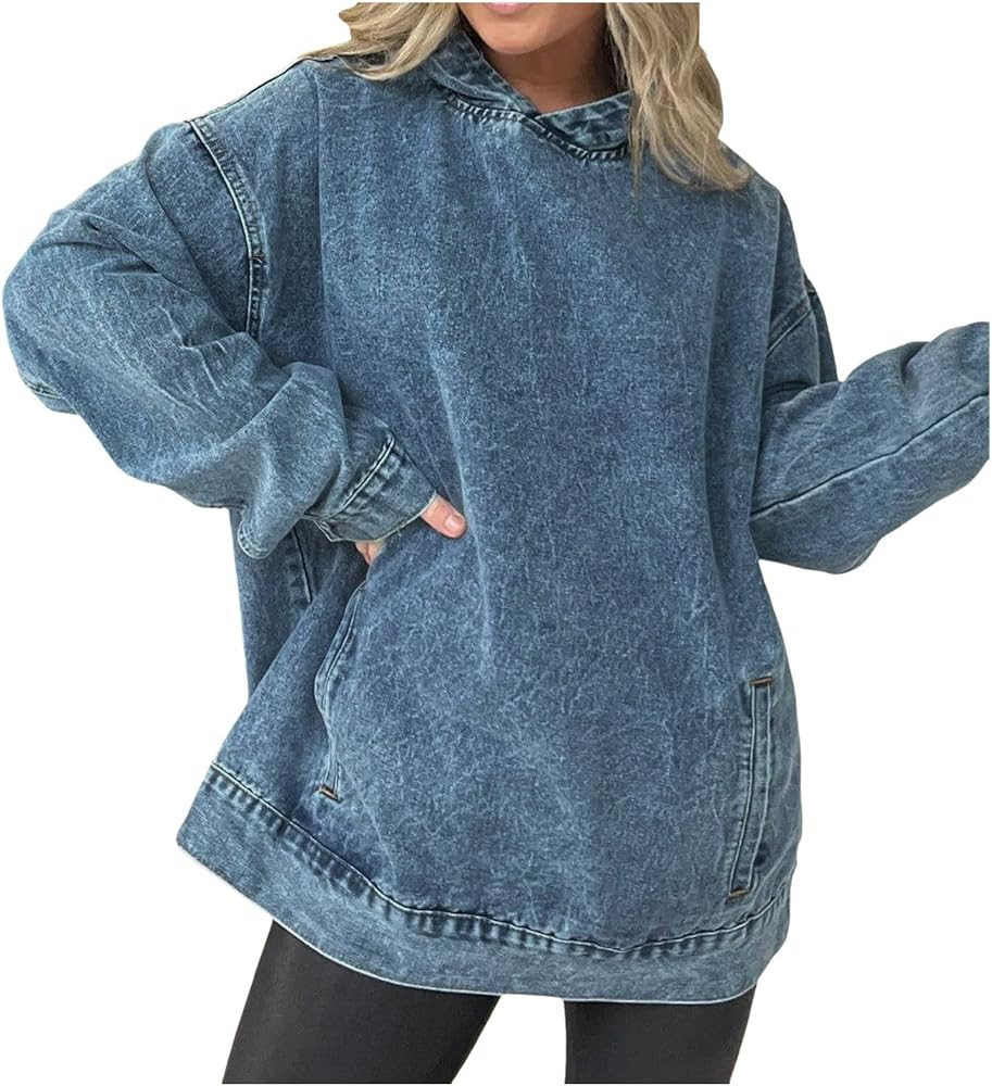Womens Denim Goth Grunge Hoodie Acid Wash Distressed Aesthetic Hoodies Vintage Oversized Sweatshi... | Amazon (US)