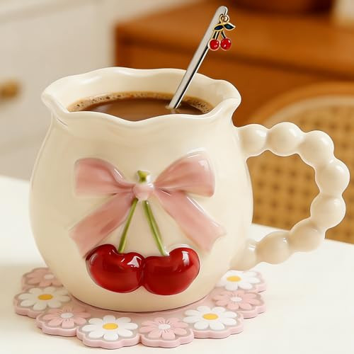 Disoza Cherry Bow Coffee Mug Coquette Porcelain Coffee Tea Cup 11.5 OZ Beige Ceramic Coffee Cup Bow Cute Personalized Mug for Women Girl | Amazon (US)