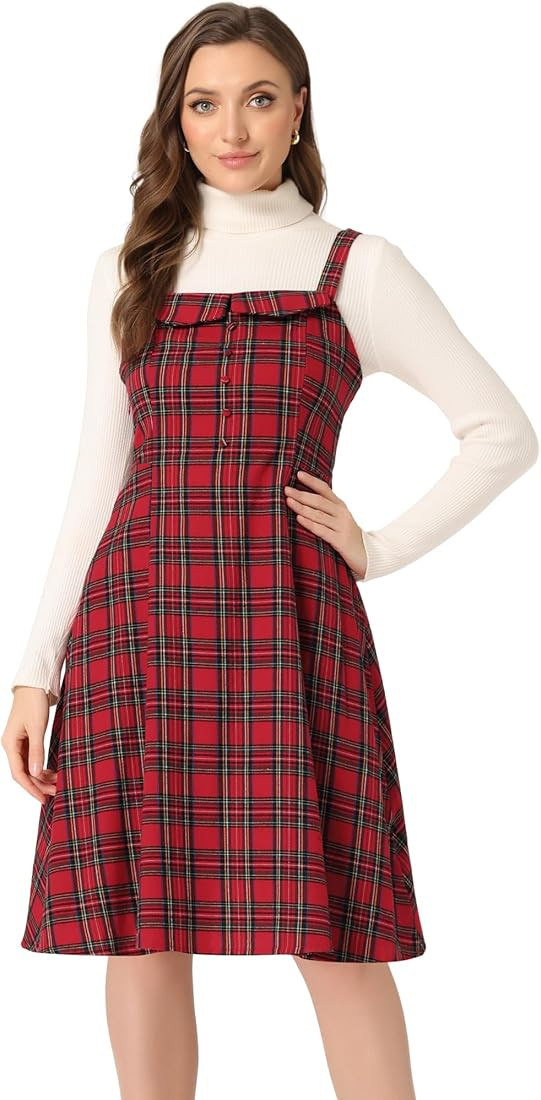 Allegra K Women's Plaid Dress Vintage Sleeveless Tie Waist A-Line Pinafore Overall Dresses | Amazon (US)