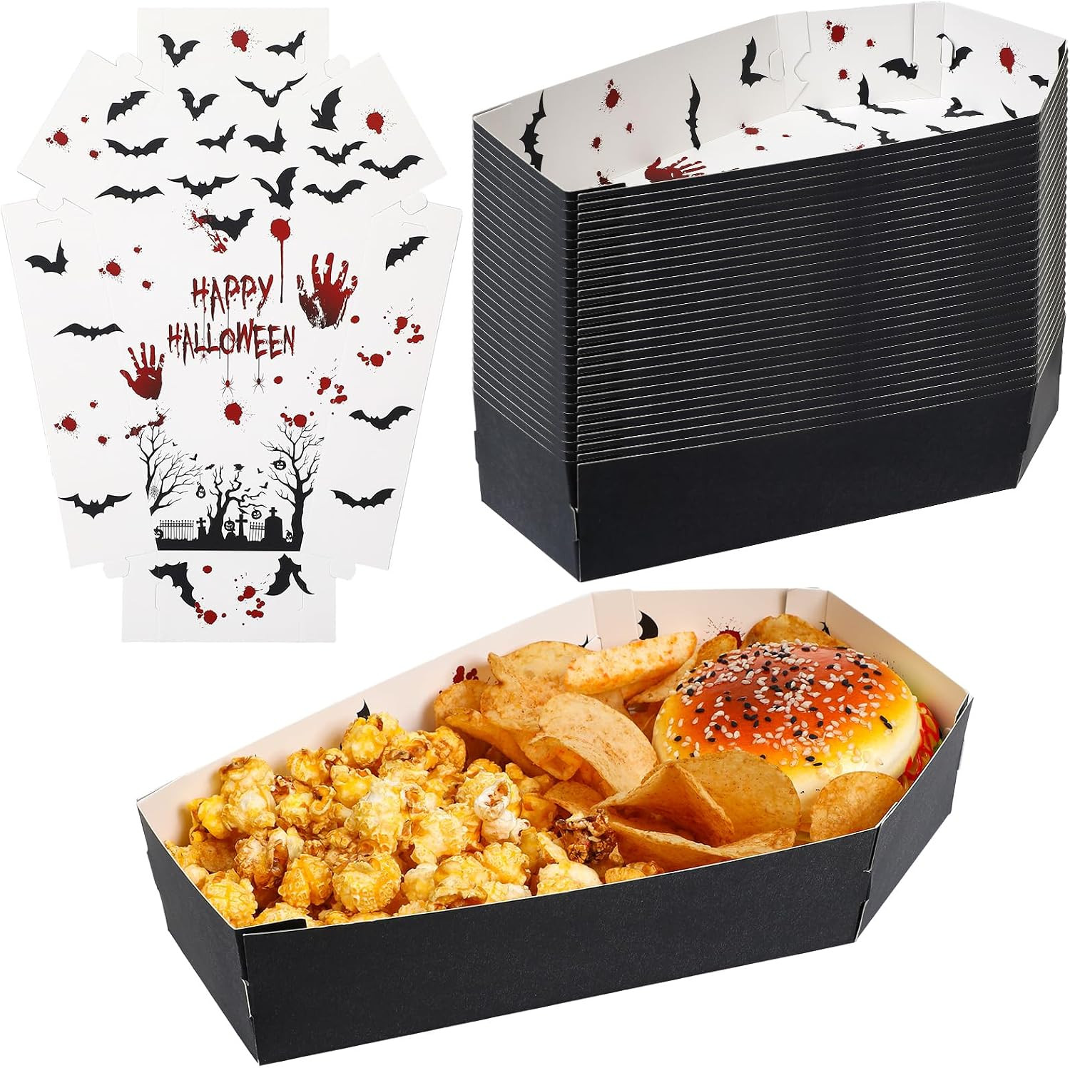 Mumufy 36 Pieces Halloween Paper Tray, Disposable Coffin Bowl for Treat Candy Snack, Spooky Goth Food Holder Trays for Halloween Party Supplies, 10.24 x 6.3 x 1.9 Inches | Amazon (US)