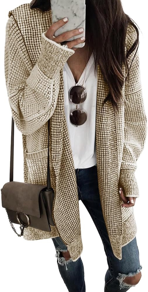 Sidefeel Women's Cardigan Sweaters Hooded Oversized Open Front Chunky Knit Plaid Sweater Coat Fal... | Amazon (US)
