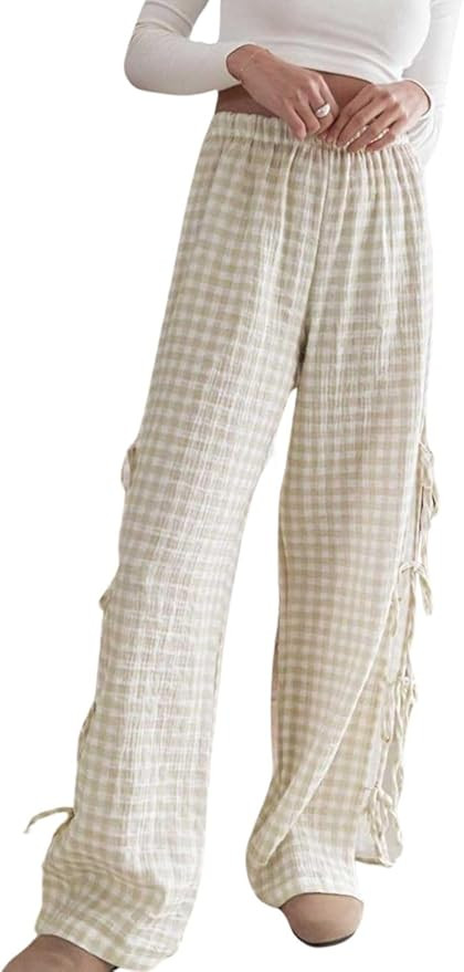 Womens Gingham Striped Wide Leg Pants Y2k Lounge Pants Lace Up Loose Trousers | Amazon (US)