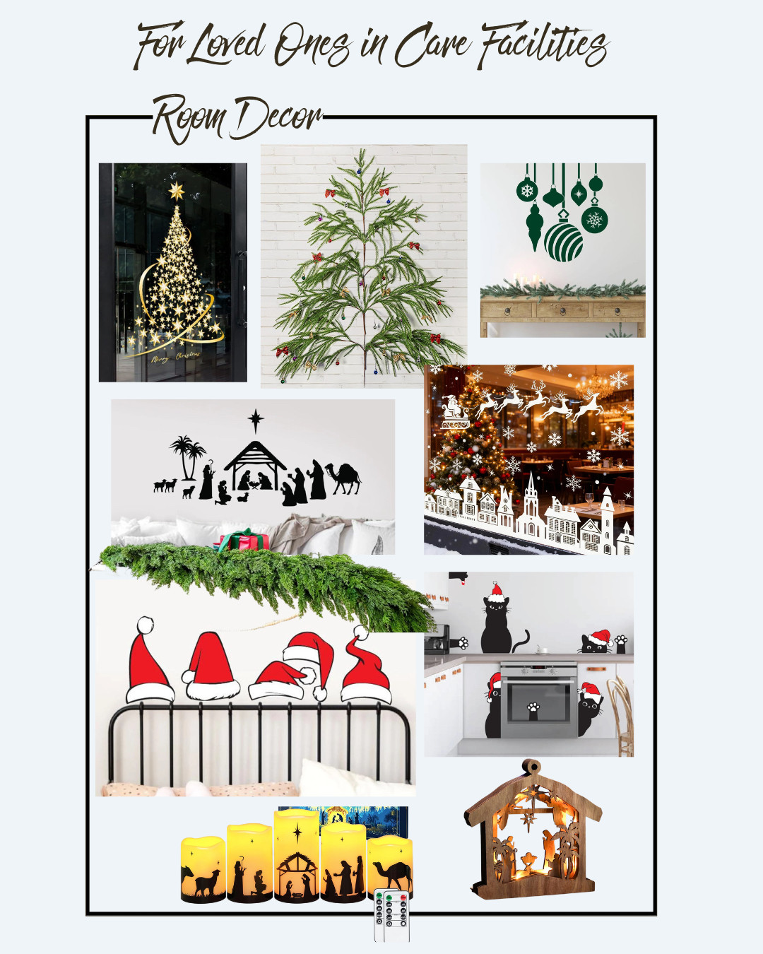 Festive holiday décor that’s safe, compact, staff-friendly, and perfect for brightening a care-facility room. Window clings, temporary wall decals, LED candles and fairy lights — all battery-powered with remots, all cheerful.

#nursinghomeholidays #hospitalholidays #carefacilityholidays 

 #LTKHoliday #LTKSeasonal #LTKHome
