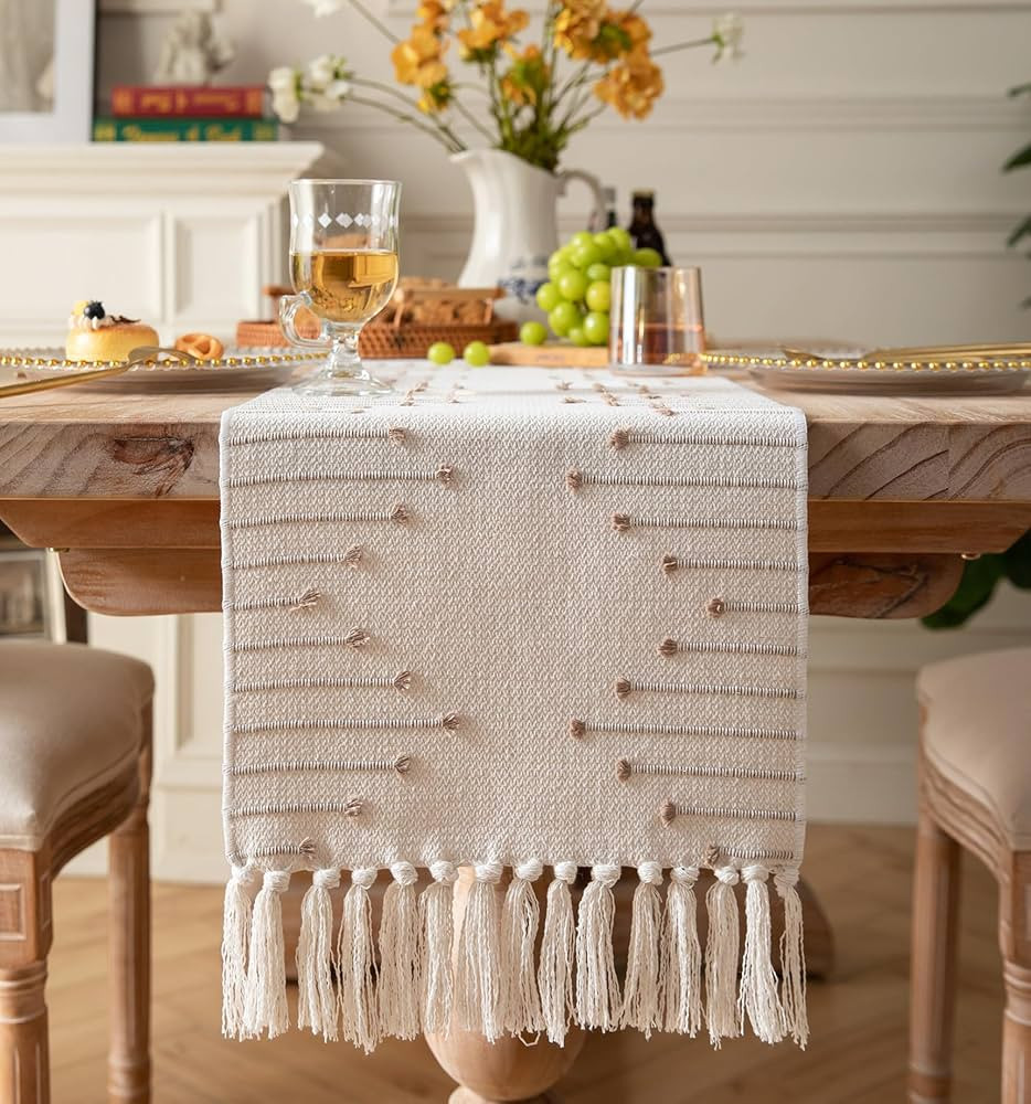 Boho Table Runner 13 x 90 Inch Long Natural Cotton Woven Runner with Tassels for Home Dining Tabl... | Amazon (US)